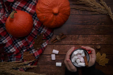 cup of cocoa with marshmallows in the palms of a child on a wooden tableの写真素材