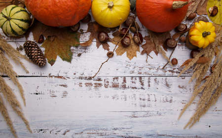 Autumn composition on white table .Copy space.