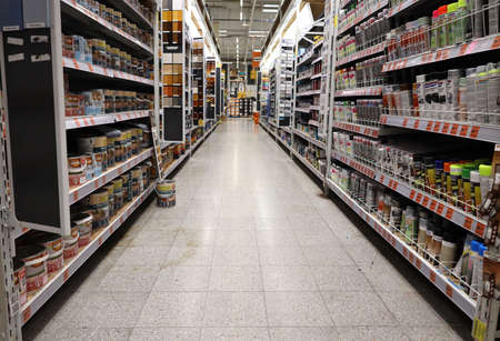 shelves with paints and varnishes in OBI store Poland Opole 08.10.2020のeditorial素材