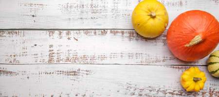several ripe pumpkins of different colors on a wooden tableの写真素材