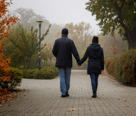 view from the back of a man and a woman holding hands walking in the autumn park