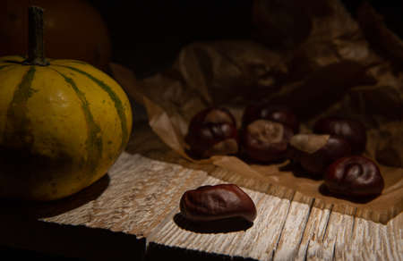 autumn composition with chestnuts, pumpkin and paper in the twilight. selective focusの写真素材