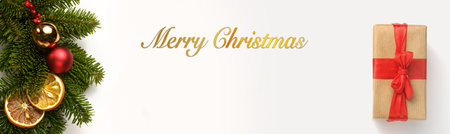 cropped image of Christmas wreath and gift boxes on white background. selective focus .High quality photoの写真素材