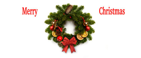 Christmas wreath on a white background and the inscription Merry Christmas. Banner. High quality photoの写真素材