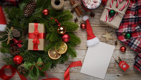 letter to Santa Claus or postcard. Christmas and holiday concept. Next to Christmas wreath, gift, toys and tangerines. High quality photoの写真素材
