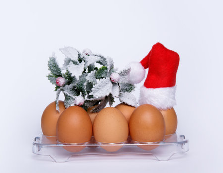 chicken eggs on a tray from the refrigerator Santa hat and Christmas twig on the white background .selective focusの写真素材