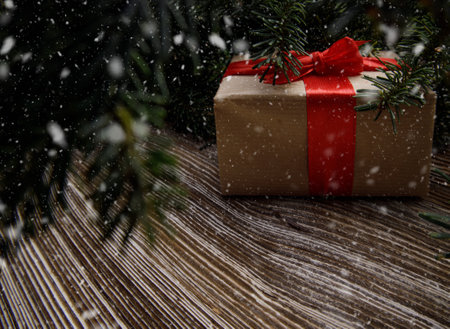 gift box with a red bow stands under the tree. concept for Christmas and new year holidays. space for text. High quality photoの写真素材