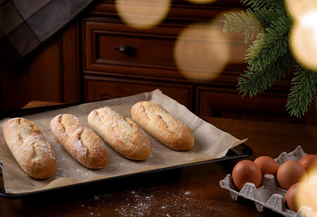 freshly baked homemade bread baguettes on a baking sheet, chicken eggs and a sprig of spruce, bokeh garland. selective focus .High quality photoの写真素材