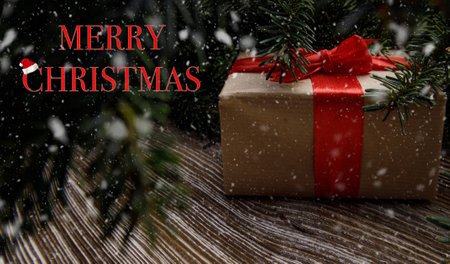 gift box with a red bow stands under the tree. concept for Christmas and new year holidays. space for text. High quality photoの写真素材