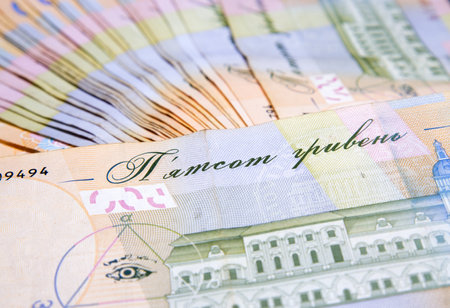 Close-up of Ukrainian hryvna money. many bills of hryvnia. High quality photoの写真素材