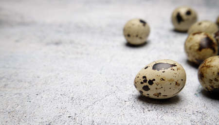 Quail eggs small spotted on a gray stone table. High quality photo Small quail eggs on a gray stone table soft selective focus blurred background.の写真素材
