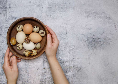 hands hold a clay plate in which there are fresh chicken and quail eggs.selective focus . High quality photoの写真素材