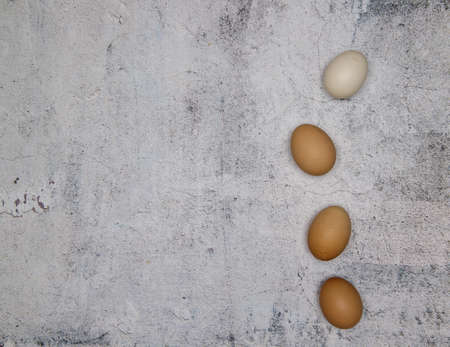 four chicken eggs in a row on a concrete table. free space. selective focus.High quality photoの写真素材