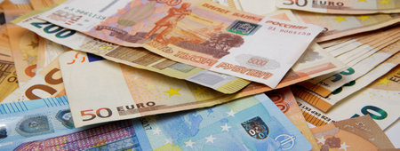 euro money of different denominations. banknotes of the European union and Russia.High quality photoの写真素材