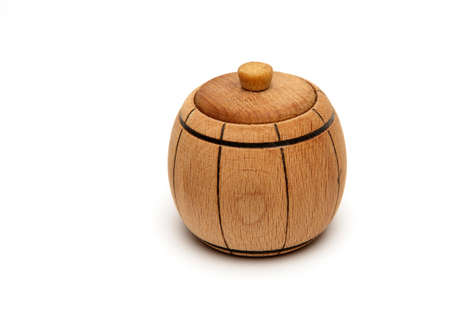 brown wooden mini keg with lid isolated on white background, close up. High quality photoの写真素材