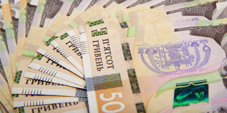 large number of banknotes of great dignity in the currency Ukrainian hryvnia. High quality photo