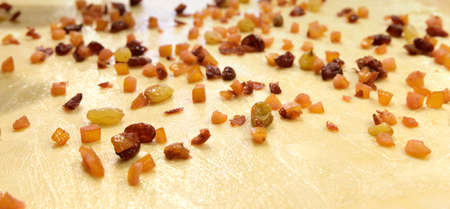 on a thin dough are pieces of candied fruit and raisins. preparing to bake a pie. selective focus.High quality photoの写真素材