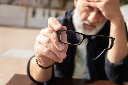An elderly man with a gray beard shows broken glasses, holding his head with his hand in annoyance. High quality photoの写真素材