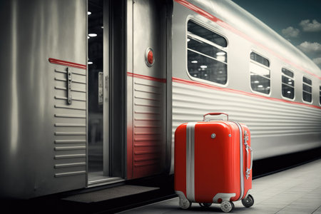 A red suitcase stands on the platform near the train.travel concept.Generative AI. High qualityの写真素材
