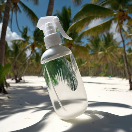 white bottle for cosmetics on the sand near the sea under palm trees. Essential cream for body skin moisturizing, face care. cosmetic dropper bottle mockup with skin care concept..Generative AIの写真素材