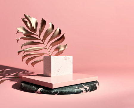 Cosmetic bottle marble podium and green leaves on pink background.small cosmetic background for product presentation.Generative AIの写真素材