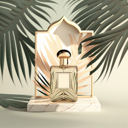 Transparent bottle of perfume on a background of stone and leaves. Presentation of perfume in a beautiful bottle. Actual concept in natural materials . natural cosmetic. Generative AIの写真素材