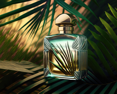 Transparent bottle of perfume on a leaves. Presentation of perfume in a beautiful bottle. Actual concept in natural materials. Feminine essence. natural cosmetic Generative AIの写真素材