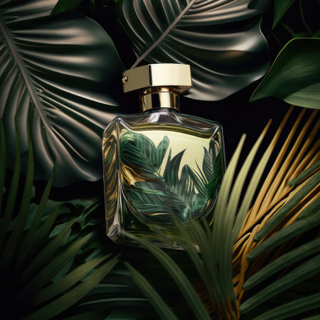 Transparent bottle of perfume on a leaves. Presentation of perfume in a beautiful bottle. Actual concept in natural materials. Feminine essence. natural cosmetic Generative AIの写真素材