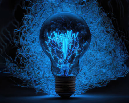 Large luminous LED filament Electric lamp in dark blue tone on a black background.close-up.Incandescent lamps. Abstract. Generative AIの写真素材