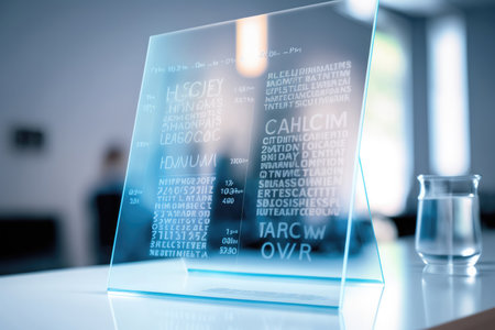 acrylic transparent tablet screen on the table in the lab with text. Generative AIの写真素材
