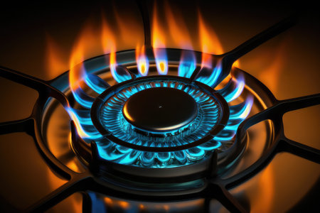 burning burner of a working gas stove. blue fuel. eco. Gas burner flame at gas stove. Generative AIの写真素材