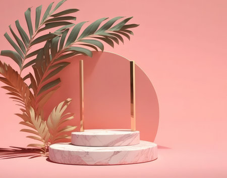 Cosmetic bottle marble podium and green leaves on pink background.small cosmetic background for product presentation.Generative AIの写真素材