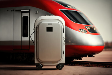 A silver suitcase stands on the platform near the train.travel concept.Generative AI. High quality