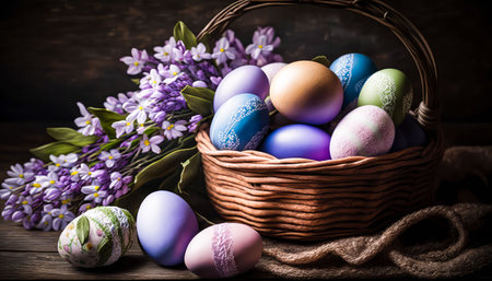 Easter painted eggs in a basket, holiday, Easter.snowdrops.generative AI .