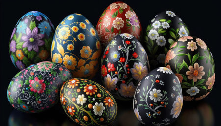 Easter painted eggs on an old wooden table, rustic style, Easter. generative AI