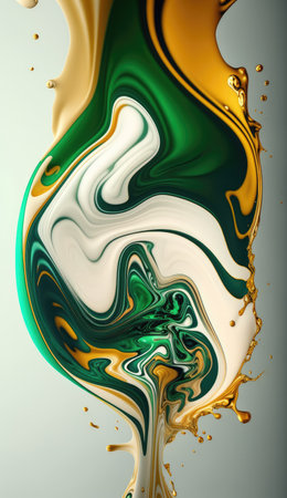 abstract background, green, white and gold acrylic liquid artistic paints.Generative AI