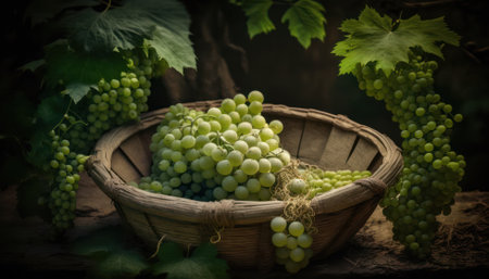 green grapes in a basket in the garden in the shade of the vine. generative AIの写真素材