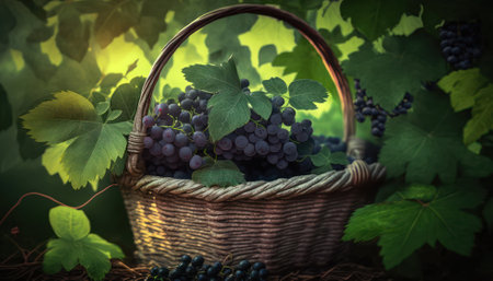 dark grapes in a basket in the garden in the shade of the vine. generative AIの写真素材