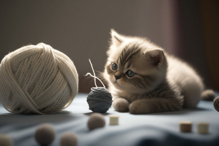 Little tabby kitten plays with a ball of yarn.generative AI