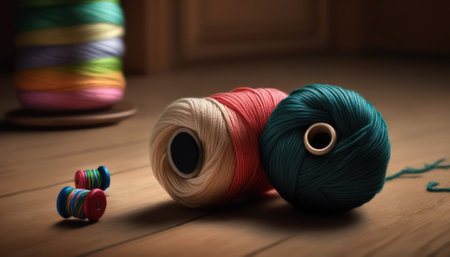 Colored thread for knitting on a wooden floor. Space for copy. Knitting concept. generative AI