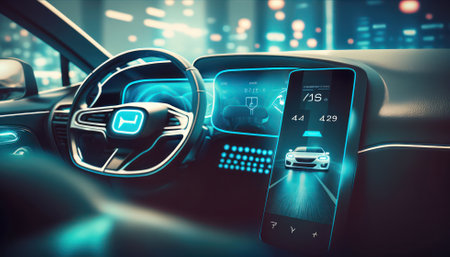 Modern smartphone gadget mounted on phone holder on car dashboard. generative AIの写真素材