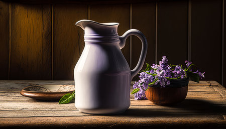 a jug of milk on a wooden table. lilac.rustic style. generative AIの写真素材