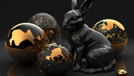 an artistic product. Rabbits and eggs made of black marble and gold. Jewelry, design, jewelry. concept of the holiday. Easter. generative AIの写真素材