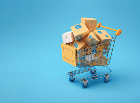 Shopping cart with boxes on a blue background. Copy space for text or design. Sale, discount, shopping and delivery concept. consumer society trend. generative AIの素材