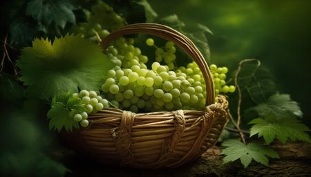 green grapes in a basket in the garden in the shade of the vine. generative AIの写真素材