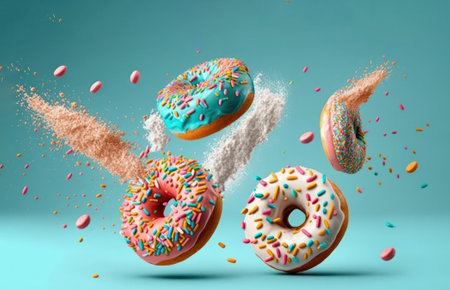 Flying delicious donuts with sprinkel on blue background with copy space. generative AIの写真素材
