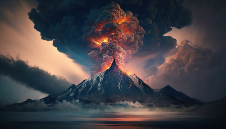 volcanic eruption accompanied by the release of lava and ash. catastrophe .generative AIの素材