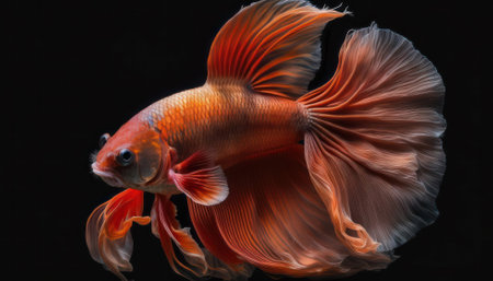Beautiful movement of red betta, Siamese fighting fish, betta splendens, crescent betta fish isolated on black background. generative AIの素材