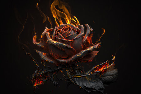 artfully made rose of black metal burns in fire. generative AIの素材