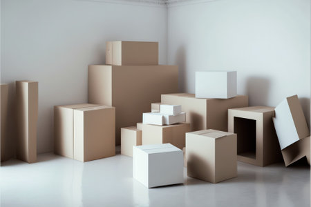 Pile of cardboard boxes near the wall indoors, space for text. moving day. generative AIの素材